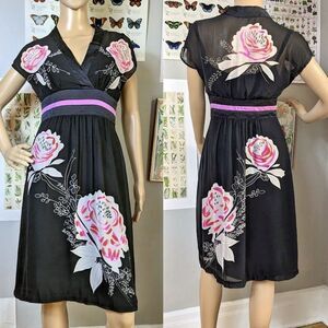 Vintage 90s y2k Sue Wong Silk Mini Dress Empire Waist Floral Fairycore Size 4